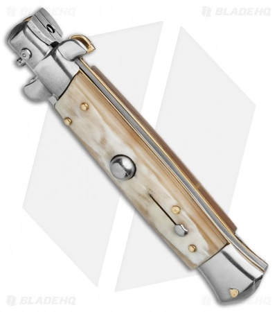 Frank B. 7.5" Italian Stiletto Automatic Knife Honey Horn (3.5" Polish Flat) Frank B. 7.5" Italian Stiletto Automatic Knife Honey Horn (3.5" Polish Flat) -Bladehq Knives Sales 8 Italian Stiletto Honey Horn Automatic Knife Satin Flat Grind GX 35952 LS Spine