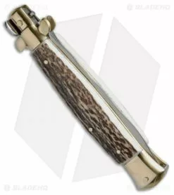 AGA Campolin 10" Italian Stiletto Picklock Automatic Brass/Stag (4.5" Kriss) -Bladehq Knives Sales AGA Campolin 10in Stiletto Stag Horn Kriss BP 19125 jr side