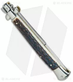 AGA Campolin 11" Picklock Automatic Italian Stiletto Stag (5" Satin) 2017 -Bladehq Knives Sales AGA Campolin 11in Picklock Italian Stiletto Stag Horn Satin BHQ 78222 jr side