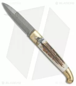 AGA Campolin Brass Lever Lock Automatic Knife Stag Horn (3.75" Damascus)