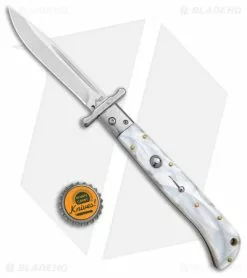 AKC Italian Style 11" Roma Drop Point Auto Swinguard White Pearlex (4.6" Polished) -Bladehq Knives Sales AKC 11in Roma Auto Swinguard DP White Pearlex Polished BHQ 152966 jr bottlecap