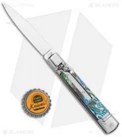 AKC 7.75" Slimline Lever Lock Clip Point Automatic Knife Abalone (3.2" Satin) -Bladehq Knives Sales AKC 7.75in Slimline LL Auto Abalone Satin Flat BHQ 122384 jr bottlecap