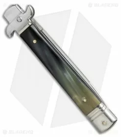 AKC Leverletto 9" Lever Lock Automatic Italian Knife Brazilian Horn (4" Satin) -Bladehq Knives Sales AKC 9in leverletto brazillian horn swedge BP 18824 er side