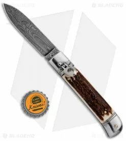 AKC Classic 8" Lever Lock Automatic Italian Knife Stag (3.2" Damascus) -Bladehq Knives Sales AKC Classic 8in LL Stag Horn Damascus Flat BP 30458 jr bottlecap
