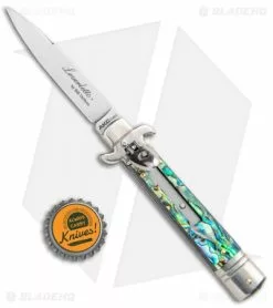 AKC Leverletto 7.75" Automatic Italian Stiletto Abalone (3.25" Satin Flat) -Bladehq Knives Sales AKC Leverletto 7.75 Auto Italian Stiletto Abalone Satin Flat BHQ 104097 jr bottlecap