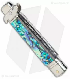AKC Leverletto 7.75" Automatic Italian Stiletto Abalone (3.25" Satin Flat) -Bladehq Knives Sales AKC Leverletto 7.75 Auto Italian Stiletto Abalone Satin Flat BHQ 104097 jr side