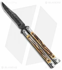 Bear & Son Bear Butterfly Knife W Stag Handle Damascus Blade (4" Plain) 517D