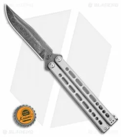 Bear Ops Bear Song VIII Butterfly Knife Clip Point Gray Steel (4.5" Damascus) -Bladehq Knives Sales Bear Ops Bear Song VIII Butterfly Knife Drop Point 4.5in Damascus 154CM BHQ 107340 LS Side