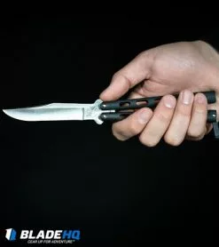 Bear & Son 114 Butterfly Knife Balisong Silver Speckle (4" Satin) -Bladehq Knives Sales Bear Son 114B Large Butterfly Knife Black Satin BHQ 0364 kp in hand web 3