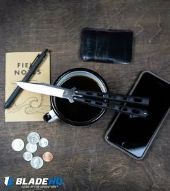 Bear & Son 5" Butterfly Knife Pink (4" Satin) 114PK -Bladehq Knives Sales Bear Son 114B Large Butterfly Knife Black Satin BHQ 0364 kp lifestyle web 2