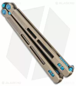EOS Trident Balisong Butterfly Knife Bronze Titanium W/ Blue (4.5" Black S30V) -Bladehq Knives Sales EOS Trident Bronze Blue Black BHQ 135855 jr side