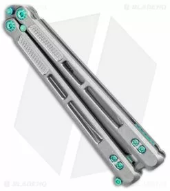 EOS Trident Balisong Butterfly Knife Gray Titanium W/ Green (4.5" SW S30V) -Bladehq Knives Sales EOS Trident SW Green SW BHQ 135854 jr side