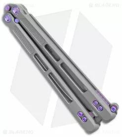 EOS Trident Balisong Butterfly Knife Gray Titanium W/ Purple (4.5" SW S30V) -Bladehq Knives Sales EOS Trident Sasha Purple BB BHQ 135852 jr side