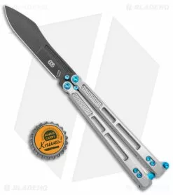 EOS Trident Balisong Butterfly Knife Satin Titanium W/ Blue (4.5" Black S30V) -Bladehq Knives Sales EOS Trident Satin Blue black BHQ 135853 jr bottlecap