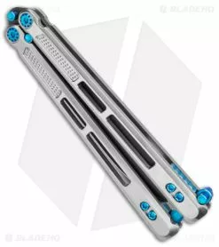 EOS Trident Balisong Butterfly Knife Satin Titanium W/ Blue (4.5" Black S30V) -Bladehq Knives Sales EOS Trident Satin Blue black BHQ 135853 jr side