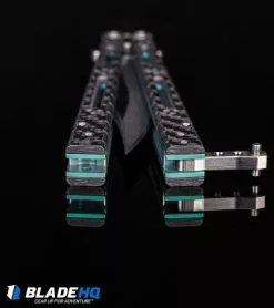 Hom Design Basilisk-R Balisong Butterfly Knife CF W/Teal Liners (4.6" Stonewash) -Bladehq Knives Sales HOM Design Balisong Butterfly knife BHQ kp black handles web