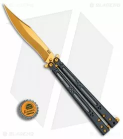 Hom Design Basilisk Elite Balisong Butterfly Knife PVD Ti (4.6" Gold) -Bladehq Knives Sales Hom Design Basilisk Elite PVD Ti Gold BHQ 78193 er bottlecap