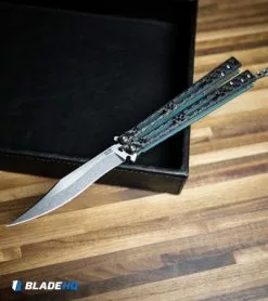 Hom Design Basilisk-R Balisong Butterfly Knife CF W/Teal Liners (4.6" Stonewash) -Bladehq Knives Sales Hom Design Basilisk R Balisong Butterfly Knife CF Teal Liners SW BHQ 89528 kp desk web