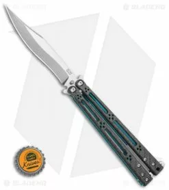 Hom Design Basilisk-R Balisong Butterfly Knife CF W/Teal Liners (4.6" Stonewash) -Bladehq Knives Sales Hom Design Basilisk R Balisong Butterfly Knife CF w Teal Liners 4.6 SW BHQ 89528 LS Bottlecap