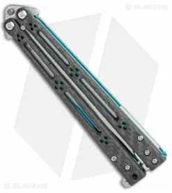 Hom Design Basilisk-R Balisong Butterfly Knife CF W/Teal Liners (4.6" Stonewash) -Bladehq Knives Sales Hom Design Basilisk R Balisong Butterfly Knife CF w Teal Liners 4.6 SW BHQ 89528 LS Side