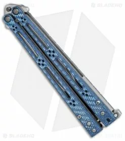 Hom Design Basilisk-R Balisong Butterfly Knife Blue Twill (4.6" Satin) -Bladehq Knives Sales Hom Design Basilisk R Balisong blue twill satin BHQ 68782 er side