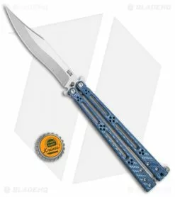 Hom Design Basilisk-R Balisong Butterfly Knife Blue Twill (4.6" Satin) -Bladehq Knives Sales Hom Design Basilisk R Balisong blue twill satin BHQ 68782 er size