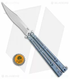 Hom Design Basilisk-R Titanium Balisong Butterfly Knife Blue Ano (4.6" Satin) -Bladehq Knives Sales Hom Design Basilisk R ti blue BHQ 68532 er size