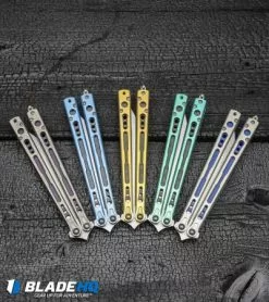 Hom Design Chimera Premium Balisong Knife Green Ti/CF (4.75 Satin) 5 Hom Design Chimera Premium Balisong Knife Green Ti/CF (4.75 Satin) -Bladehq Knives Sales Hom Design Chimera Premium Balisong Knife Gold Ti CF Satin BHQ 100558 kp burnt wood web 3