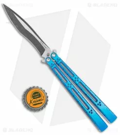 Hom Design I-Basilisk Channel Butterfly Knife Blue Titanium (4.5" Acid Wash) -Bladehq Knives Sales Hom Design I Basilisk Channel Knife Blue Ti Acid Wash BHQ 165021 jr bottlecap