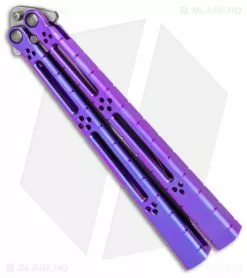 Hom Design I-Basilisk Channel Butterfly Knife Purple Titanium (4.5" Acid Wash) -Bladehq Knives Sales Hom Design i Basilisk Channel Butterfly Purple Ti Acid Wash BHQ 165017 jr side