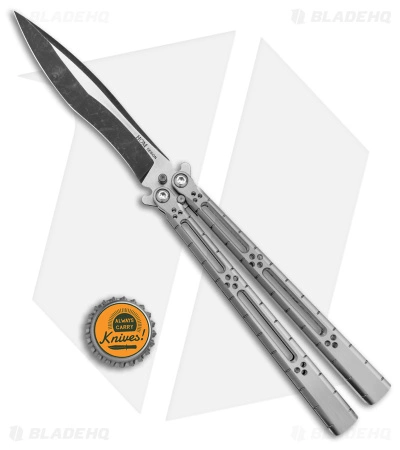 Hom Design I-Basilisk Channel Butterfly Knife Silver Titanium (4.5" Acid Wash) Hom Design I-Basilisk Channel Butterfly Knife Silver Titanium (4.5" Acid Wash) -Bladehq Knives Sales Hom Design i Basilisk Channel Butterfly Silver Ti Acid Wash BHQ 165019 jr bottlecap
