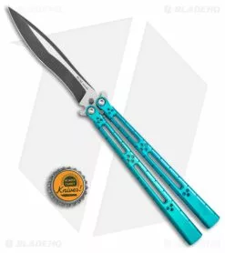 Hom Design I-Basilisk Channel Butterfly Knife Teal Titanium (4.5" Acid Wash) -Bladehq Knives Sales Hom Design i Basilisk Channel Butterfly Teal Ti Acid Wash BHQ 165018 jr bottlecap