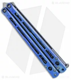 Hom Design Chimera Premium Balisong Knife Blue Ti/CF (4.75 Satin) -Bladehq Knives Sales Hom Designs Chimera Premium Butterfly Knife Blue Ano Satin BHQ 100559 jr side