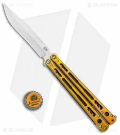 Hom Design Chimera Premium Balisong Knife Gold Ti/CF (4.75 Satin) 3 Hom Design Chimera Premium Balisong Knife Gold Ti/CF (4.75 Satin) -Bladehq Knives Sales Hom Designs Chimera Premium Butterfly Knife Gold Ano Satin BHQ 100558 jr bottlecap