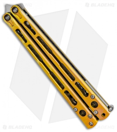 Hom Design Chimera Premium Balisong Knife Gold Ti/CF (4.75 Satin) Hom Design Chimera Premium Balisong Knife Gold Ti/CF (4.75 Satin) -Bladehq Knives Sales Hom Designs Chimera Premium Butterfly Knife Gold Ano Satin BHQ 100558 jr side