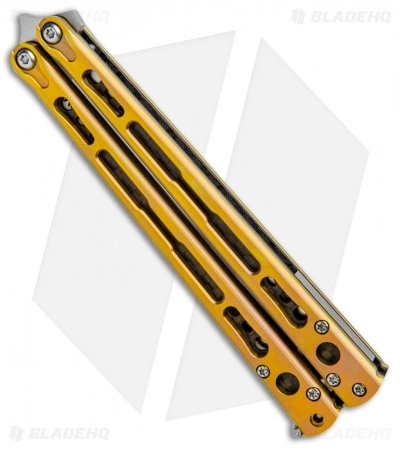 Hom Design Chimera Premium Balisong Knife Gold Ti/CF (4.75 Satin) Hom Design Chimera Premium Balisong Knife Gold Ti/CF (4.75 Satin) -Bladehq Knives Sales Hom Designs Chimera Premium Butterfly Knife Gold Ano Satin BHQ 100558 jr spine