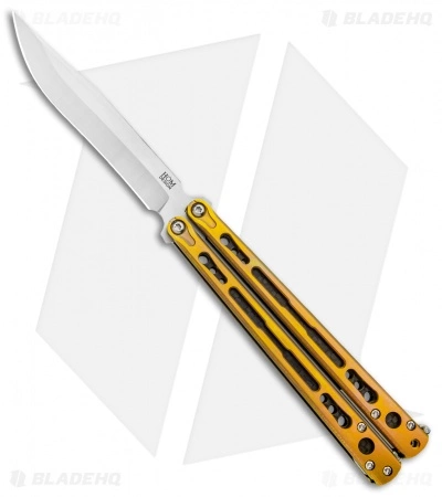 Hom Design Chimera Premium Balisong Knife Gold Ti/CF (4.75 Satin) Hom Design Chimera Premium Balisong Knife Gold Ti/CF (4.75 Satin) -Bladehq Knives Sales Hom Designs Chimera Premium Butterfly Knife Gold Ano Satin BHQ 100558 jr