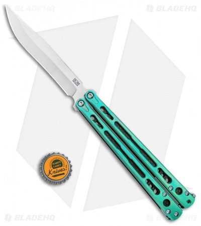 Hom Design Chimera Premium Balisong Knife Green Ti/CF (4.75 Satin) Hom Design Chimera Premium Balisong Knife Green Ti/CF (4.75 Satin) -Bladehq Knives Sales Hom Designs Chimera Premium Butterfly Knife Teel Green Ano Satin BHQ 100557 jr bottlecap