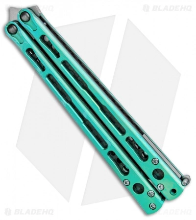 Hom Design Chimera Premium Balisong Knife Green Ti/CF (4.75 Satin) Hom Design Chimera Premium Balisong Knife Green Ti/CF (4.75 Satin) -Bladehq Knives Sales Hom Designs Chimera Premium Butterfly Knife Teel Green Ano Satin BHQ 100557 jr side