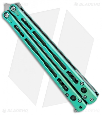 Hom Design Chimera Premium Balisong Knife Green Ti/CF (4.75 Satin) Hom Design Chimera Premium Balisong Knife Green Ti/CF (4.75 Satin) -Bladehq Knives Sales Hom Designs Chimera Premium Butterfly Knife Teel Green Ano Satin BHQ 100557 jr spine