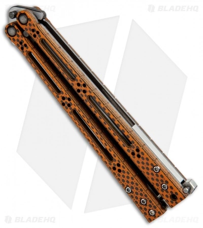 Hom Design Basilisk-R Balisong Butterfly Knife Orange CF (4.6" 2-Tone Acid) #3 Hom Design Basilisk-R Balisong Butterfly Knife Orange CF (4.6" 2-Tone Acid) #3 -Bladehq Knives Sales Horn Design Basilisk R Butterfly Orange CF TT Acid 3 BHQ 71202 jr spine
