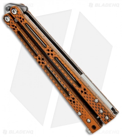 Hom Design Basilisk-R Balisong Butterfly Knife Orange CF (4.6" 2-Tone Acid) #4 Hom Design Basilisk-R Balisong Butterfly Knife Orange CF (4.6" 2-Tone Acid) #4 -Bladehq Knives Sales Horn Design Basilisk R Butterfly Orange CF TT Acid 4 BHQ 71203 jr side