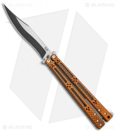Hom Design Basilisk-R Balisong Butterfly Knife Orange CF (4.6" 2-Tone Acid) #4 Hom Design Basilisk-R Balisong Butterfly Knife Orange CF (4.6" 2-Tone Acid) #4 -Bladehq Knives Sales Horn Design Basilisk R Butterfly Orange CF TT Acid 4 BHQ 71203 jr