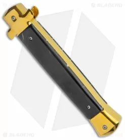 Mago 11" Italian Stiletto OTF Automatic Knife Black Acrylic (4.75" Gold Bayonet) -Bladehq Knives Sales Mago 11in Black Gold Marble Italian Stiletto OTF Auto Gold Bolster Gold Bayo GX 38613 jr side