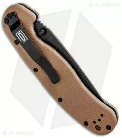 Ontario Knife Company Ontario RAT Model 1A Spring Assisted Knife Tan G-10 (3.625" Black) 8871TN -Bladehq Knives Sales Ontario RAT Model 1A SA Tan G 10 Black ON8871TN BHQ 91041 jr side