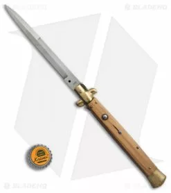 SKM AB 13" Italian Stiletto Automatic Knife Olive Wood Brass (5.7" Satin Bayo) -Bladehq Knives Sales SKM AB 13in italian stiletto olive wood brass bayonet BP 22699 er bottlecap