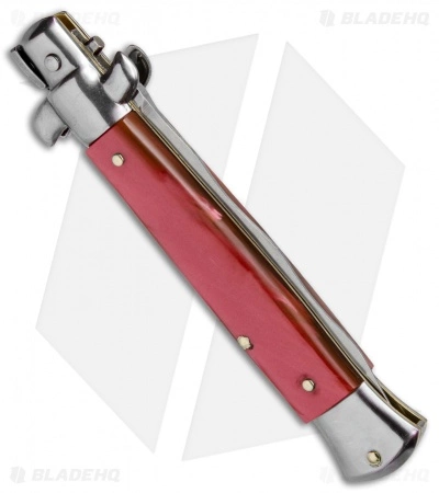 SKM AB 9" Italian Stiletto Automatic Knife Red Acrylic (3.8" Satin Kris) SKM AB 9" Italian Stiletto Automatic Knife Red Acrylic (3.8" Satin Kris) -Bladehq Knives Sales SKM AB 9in Italian Stiletto Acrylic Red Kriss BP 3318 jr side