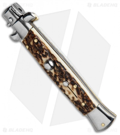 SKM AB 9" Italian Stiletto Bayo Automatic Knife Stag (3.8" Satin) SKM AB 9" Italian Stiletto Bayo Automatic Knife Stag (3.8" Satin) -Bladehq Knives Sales SKM AB 9in Stag Bayonet BHQ 74901 jr spine