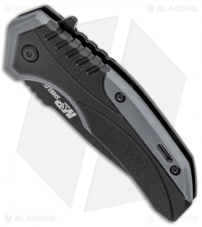 Smith & Wesson M&P Shield Spring Assisted Knife Gray (2.8" Blade) Smith & Wesson M&P Shield Spring Assisted Knife Gray (2.8" Blade) -Bladehq Knives Sales Smith and Wesson MP Shield SA Rubberized Black Gray Black BHQ 125124 jr spine