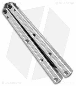 Squid Industries Krake Raken V2.5 Bowie Balisong Knife Silver (4.5" Inked) -Bladehq Knives Sales Squid Industries Krake Raken V2.5 Bowie Balisong Silver Inked BHQ 115297 jr side 2